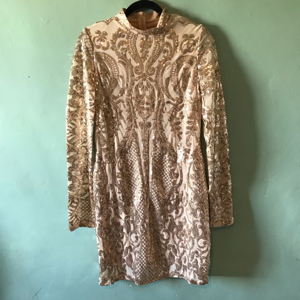 Sequined Ivory & Gold Long-Sleeve Dress